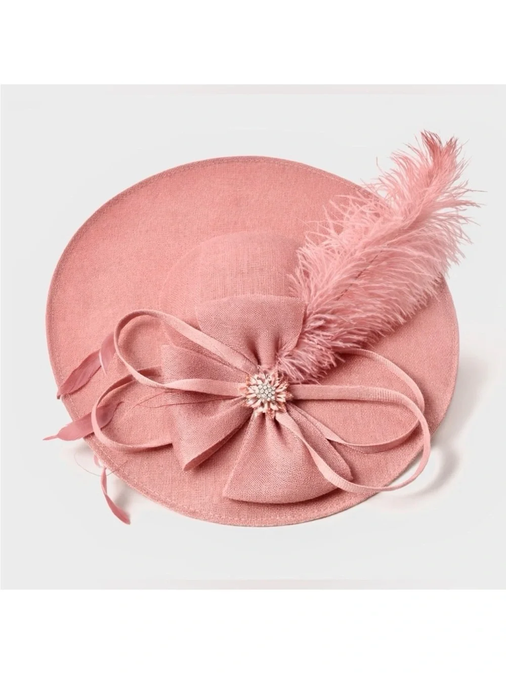 Blush Pink Wide Brim KY Derby Oaks Hat Fascinator w Feather & Crystal Brooch